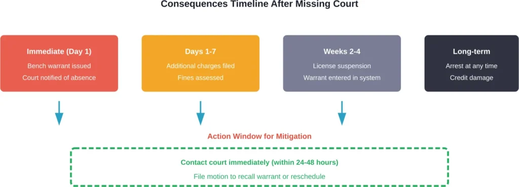 Timeline showing escalating consequences and critical action window after missing a court date