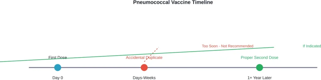 Timeline showing proper vaccine spacing versus accidental duplicate doses given too soon