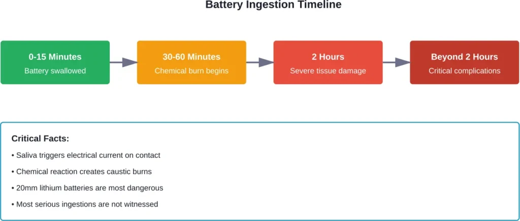 Timeline showing how quickly battery ingestion becomes life-threatening