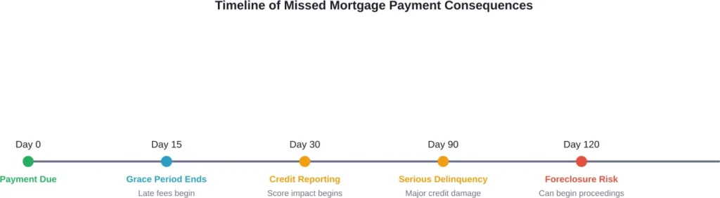 The escalating consequences of a missed mortgage payment from the due date through potential foreclosure initiation.