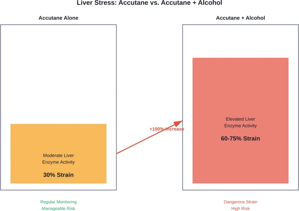 Comparative liver metabolic burden showing how alcohol consumption significantly increases hepatic strain when combined with isotretinoin therapy