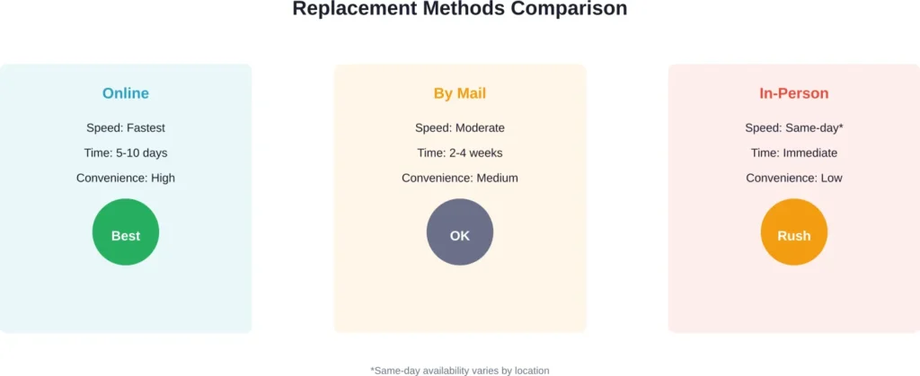 Comparison of the three primary methods for ordering a replacement birth certificate, showing speed and convenience trade-offs.
