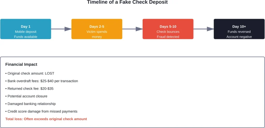 The typical progression of a fake check mobile deposit, from initial availability to financial consequences