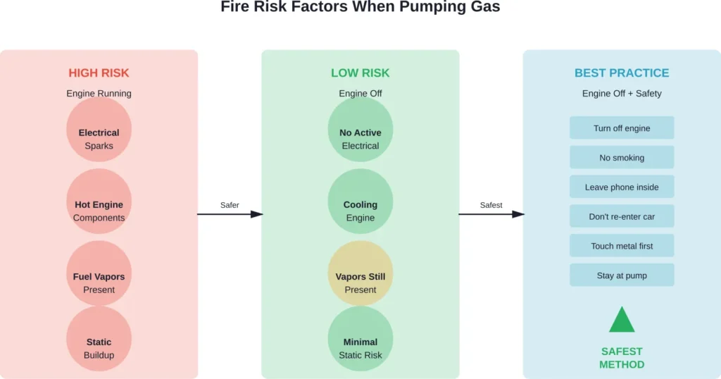 Comparison of fire risk levels based on refueling practices, showing why turning off the engine and following additional safety steps provides the best protection.