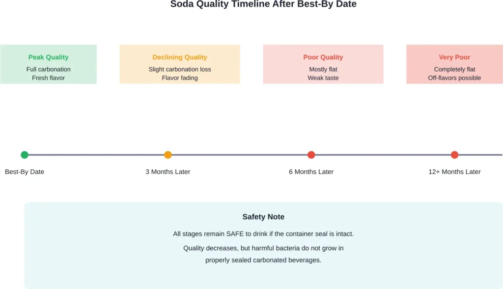 Timeline showing how soda quality degrades over time while remaining safe to consume