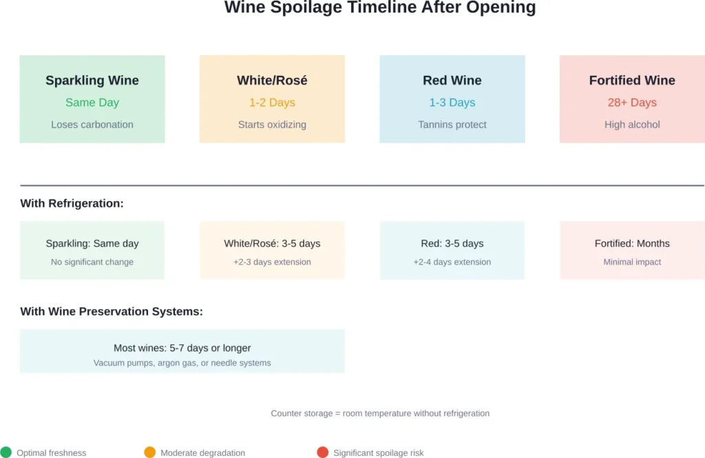 Timeline showing how quickly different wine types spoil after opening, with and without proper storage methods
