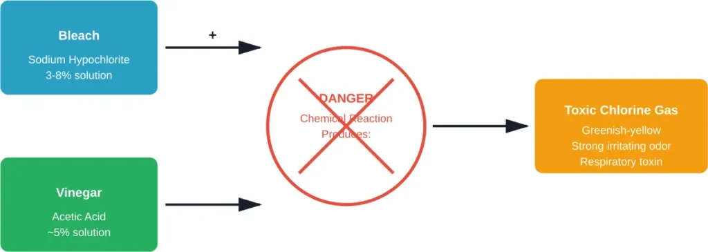 Chemical reaction when bleach and vinegar mix, producing toxic chlorine gas