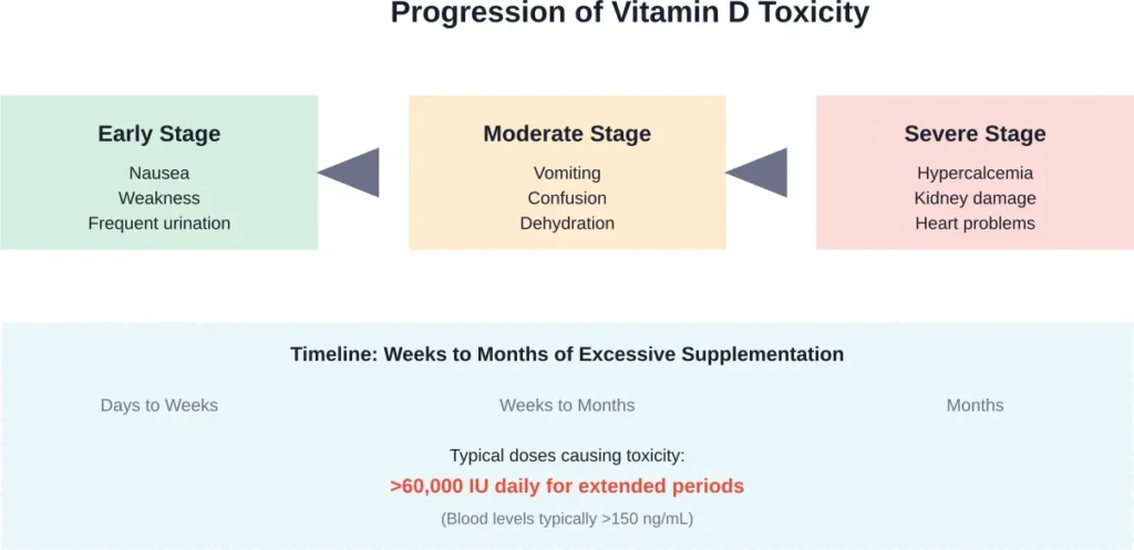 Timeline showing how vitamin D toxicity develops from excessive supplementation over time