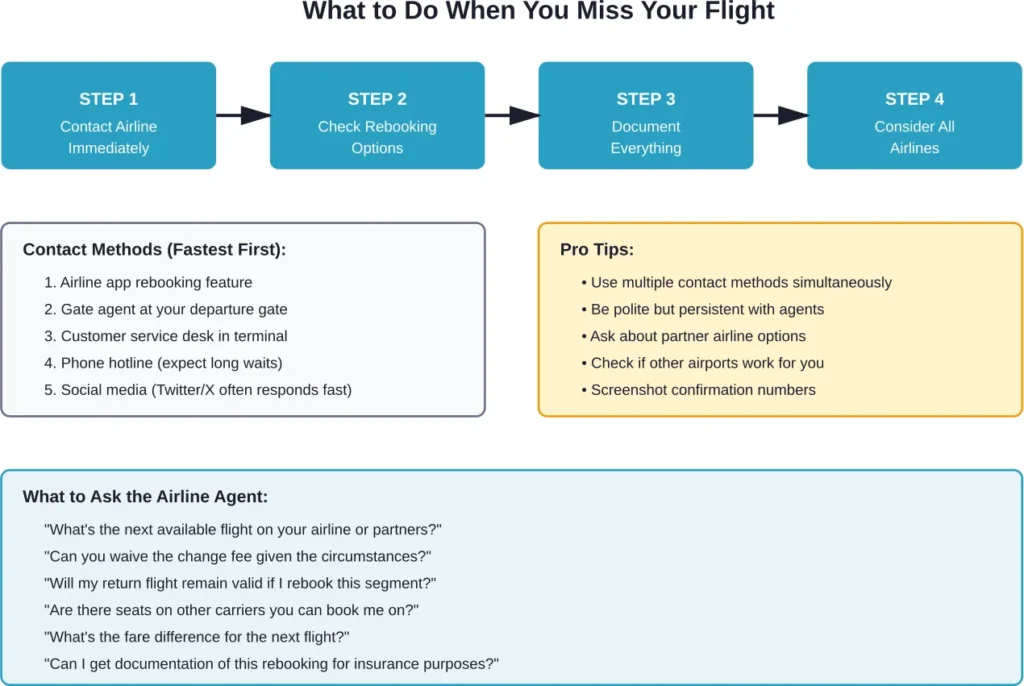 Critical steps and questions when rebooking after a missed flight