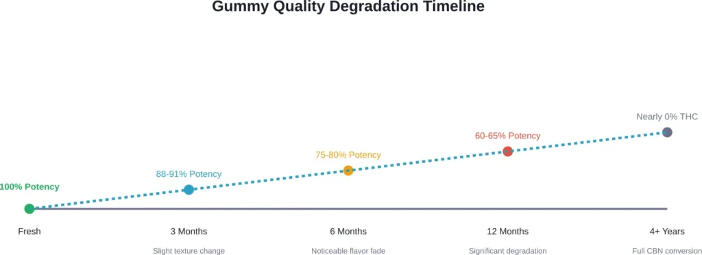 Timeline showing how gummy potency and quality degrade over time under typical storage conditions
