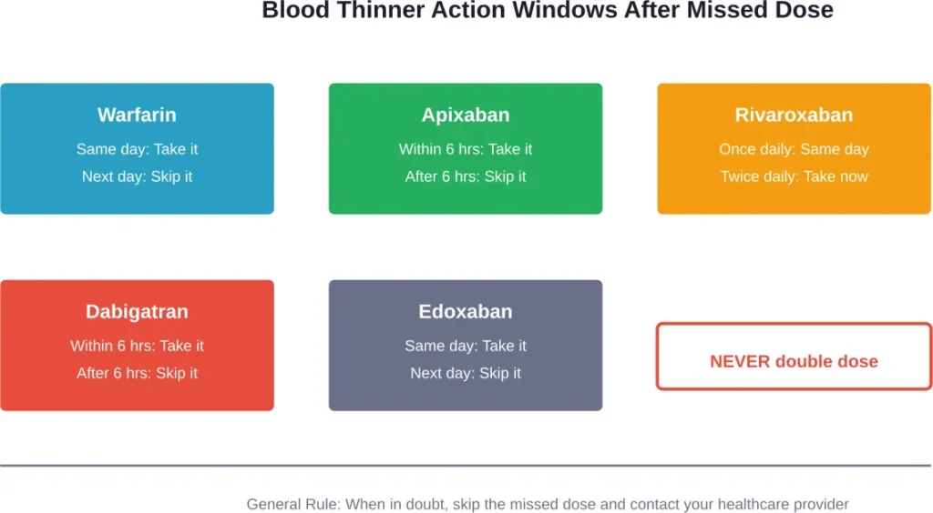 Recommended actions for missed doses vary by blood thinner type and timing. Always consult the specific instructions for the prescribed medication.