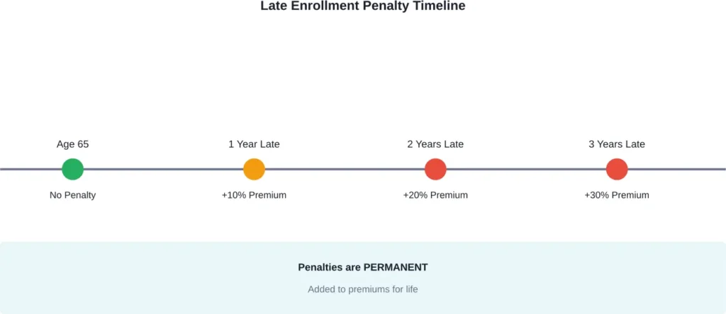 Medicare Part B late enrollment penalties increase by 10% for each 12-month delay and remain permanent.