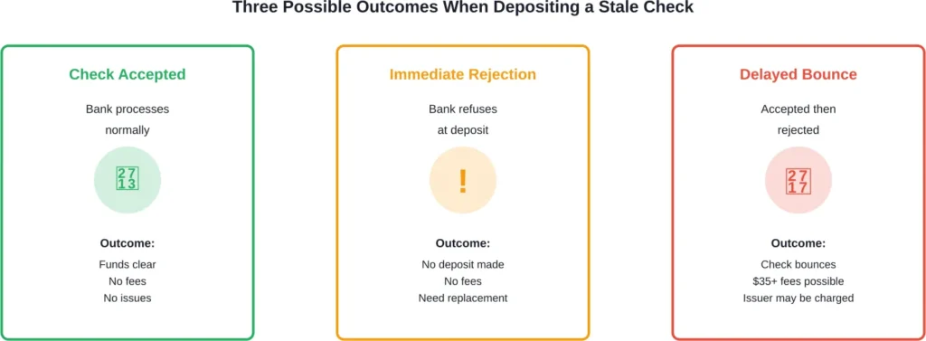 The three most common scenarios when attempting to deposit a check that's more than six months old, with varying financial consequences.