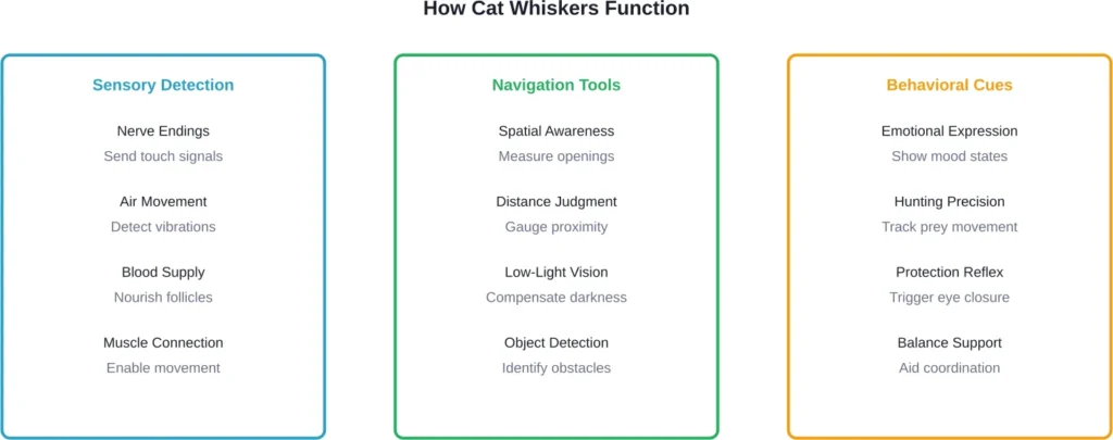 The three primary roles cat whiskers play in feline sensory and behavioral systems
