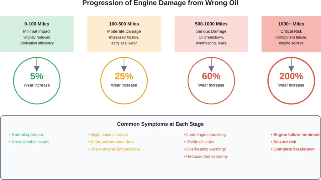 Timeline showing how engine damage progresses when wrong oil is used, with corresponding wear rates and symptoms at each stage.
