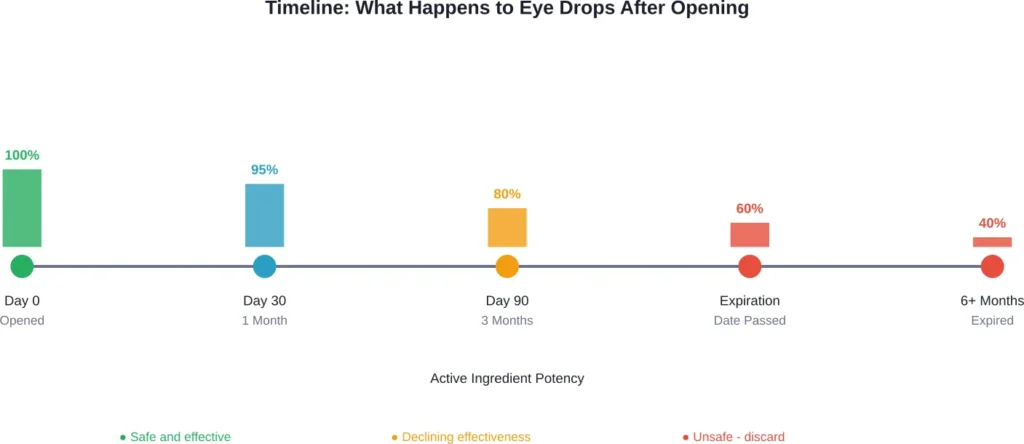 Eye drop effectiveness decreases over time, with significant potency loss occurring after the expiration date when preservatives also begin to fail.