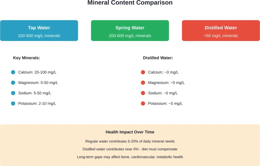 Comparison of mineral content between tap water, spring water, and distilled water, showing the significant reduction in essential minerals through distillation.