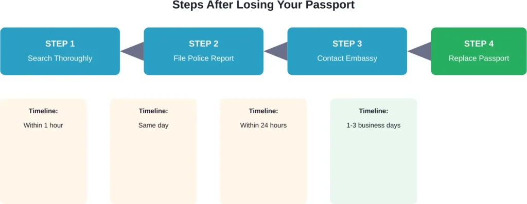 Timeline for reporting and replacing a lost passport abroad, from immediate actions to receiving emergency travel documents