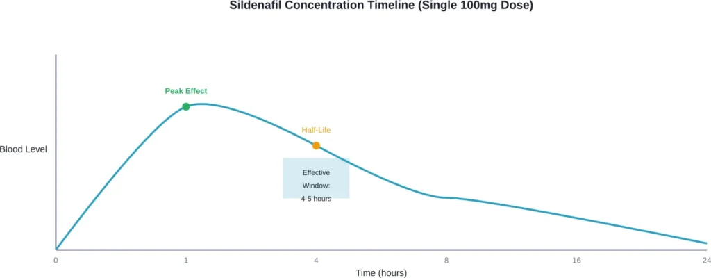Sildenafil reaches peak concentration within one hour and maintains effectiveness for 4-5 hours, with traces remaining for up to 24 hours.