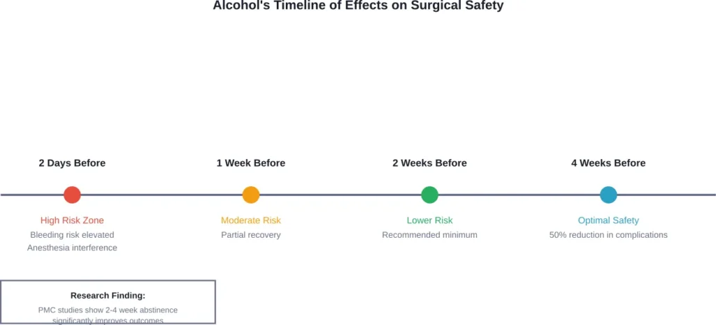 Timeline showing how alcohol abstinence duration affects surgical risk levels, based on medical research findings