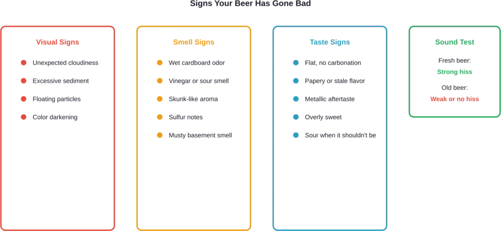 Comprehensive checklist of visual, smell, taste, and sound indicators that beer quality has deteriorated