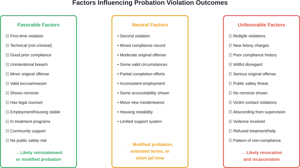 Key factors courts consider when determining consequences for probation violations, ranging from favorable circumstances that support leniency to unfavorable factors that often result in revocation.