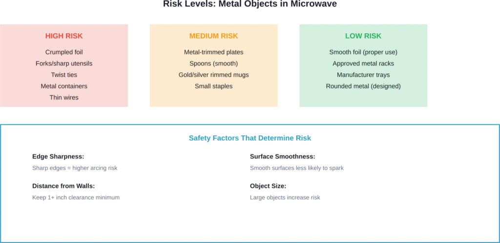 Visual guide to metal object risk levels and key safety factors in microwave use