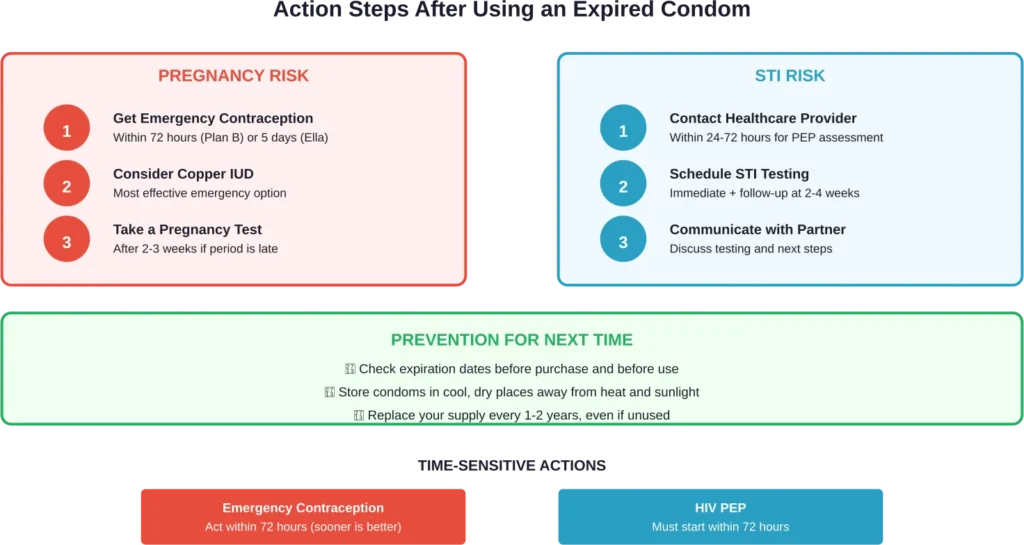 Immediate action steps and timeline for addressing pregnancy and STI risks after using an expired condom.