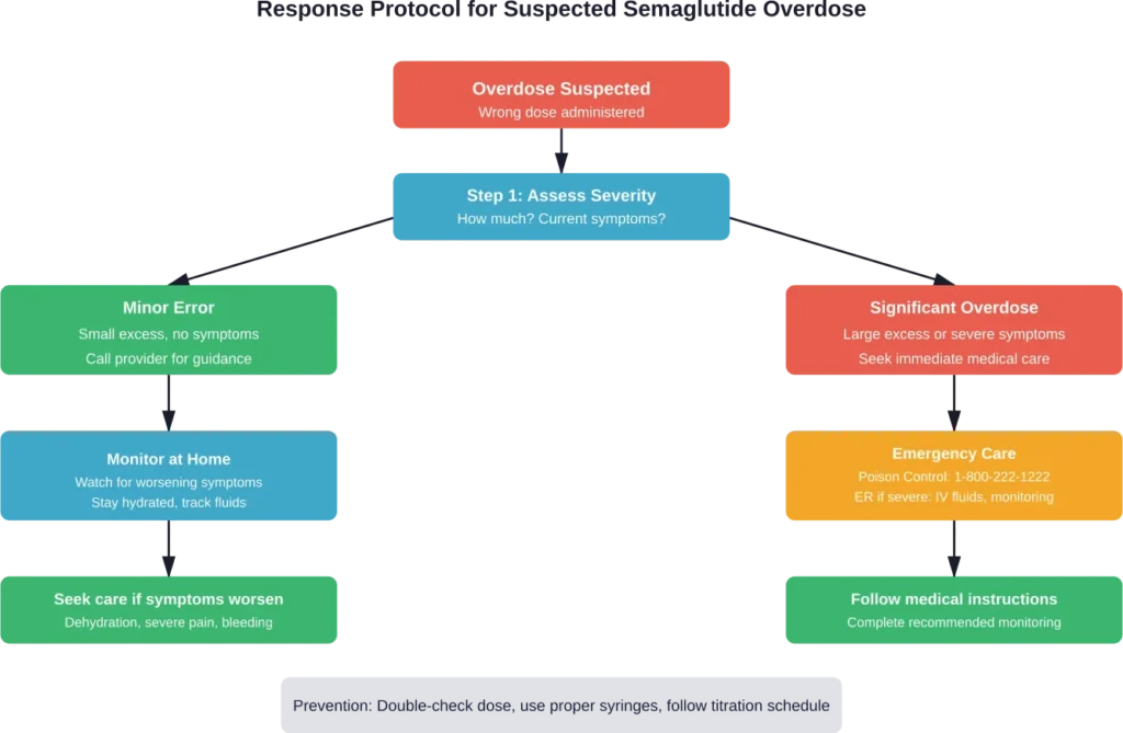 Step-by-step response protocol for handling suspected semaglutide overdose situations, from initial assessment through medical care.