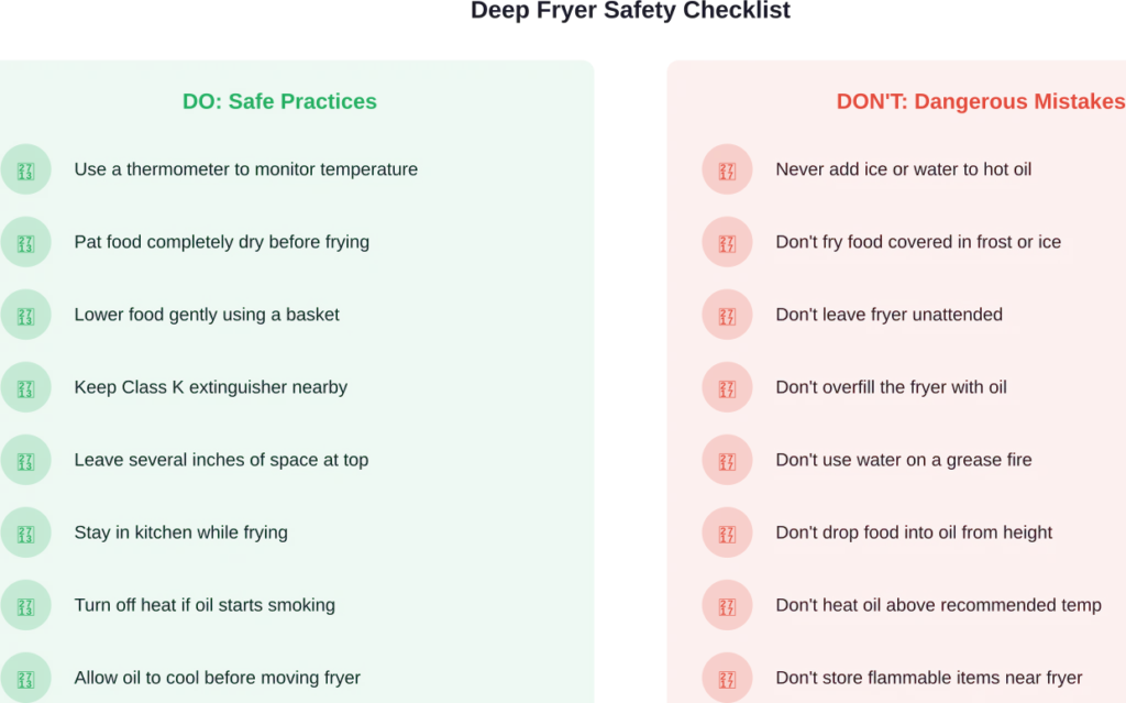 Essential safety practices and dangerous mistakes to avoid when operating a deep fryer at home or in commercial settings.