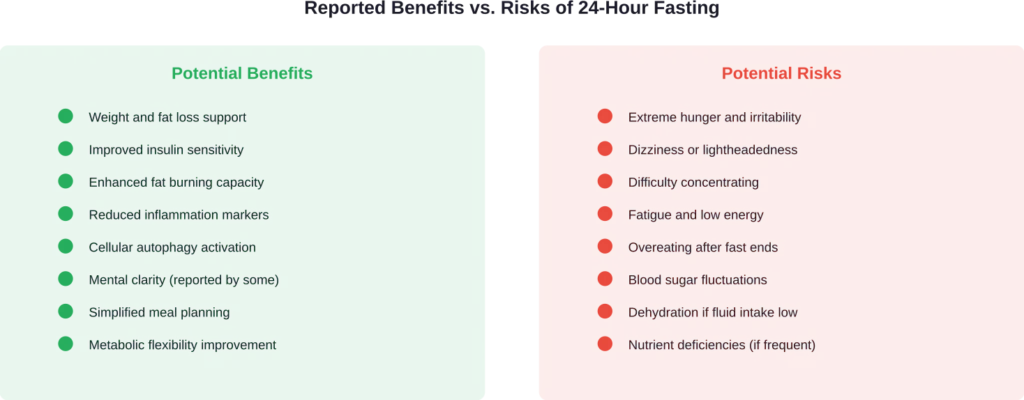 Balancing the documented benefits against potential side effects when practicing 24-hour fasting.
