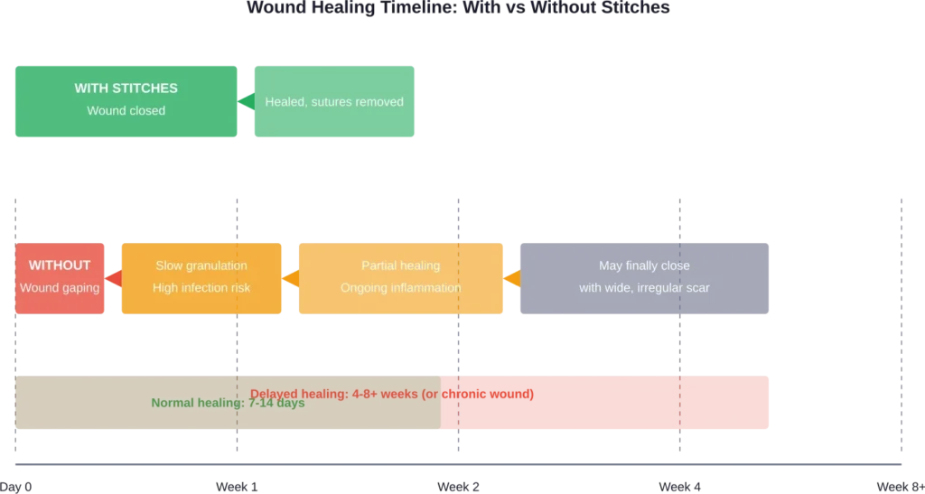 Comparison of healing progression timelines showing accelerated recovery with proper wound closure versus extended healing without stitches