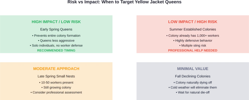 Decision matrix showing optimal timing and risk assessment for yellow jacket queen elimination