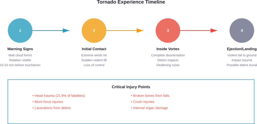 The progression from tornado formation through the experience of being caught in the vortex, with primary injury mechanisms at each stage.