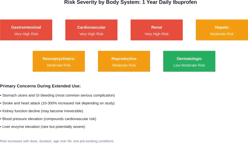 Risk assessment across body systems reveals gastrointestinal, cardiovascular, and renal systems face the highest danger from year-long daily ibuprofen use.