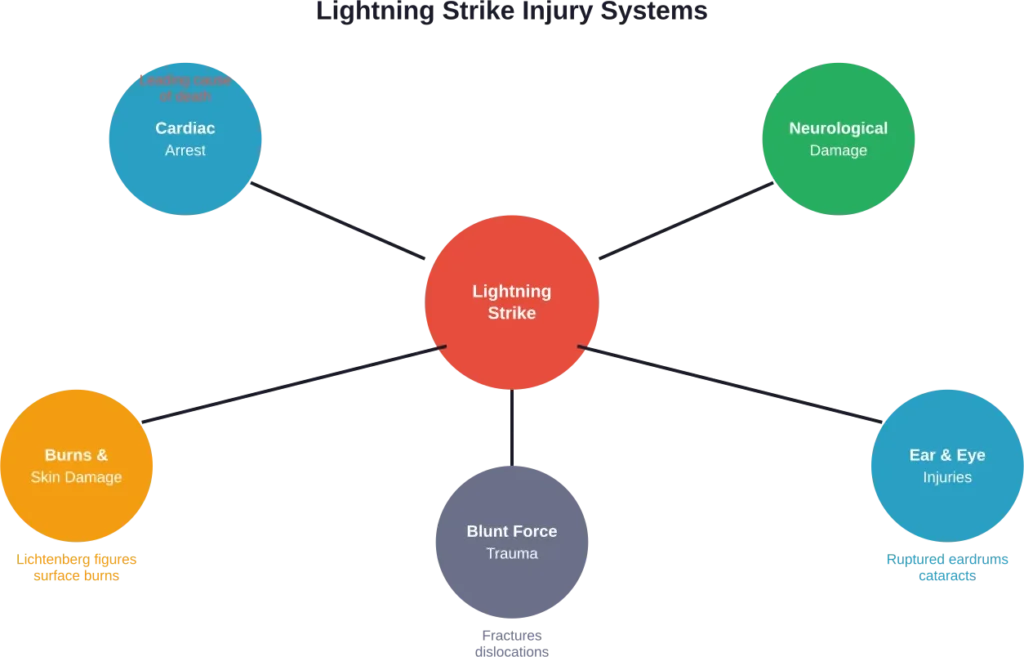 Multi-system injuries caused by lightning strikes affecting cardiac, neurological, and other body systems
