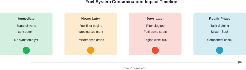 The progression of damage and symptoms after sugar contamination occurs.