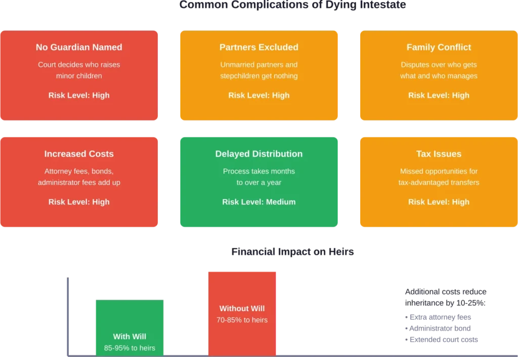 Visual comparison of complications and financial impact when dying without a will versus with proper estate planning