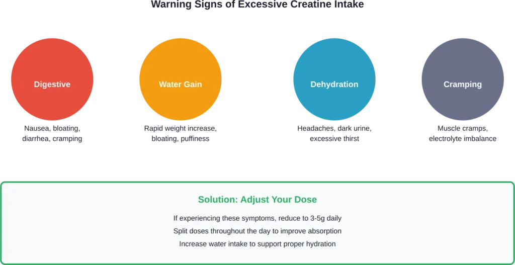 Common warning signs that creatine dosage may be too high and recommended adjustments