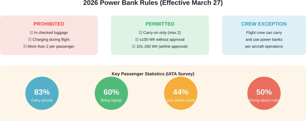 New ICAO power bank regulations for 2026 and IATA passenger survey data showing widespread battery device usage and misconceptions about packing rules.
