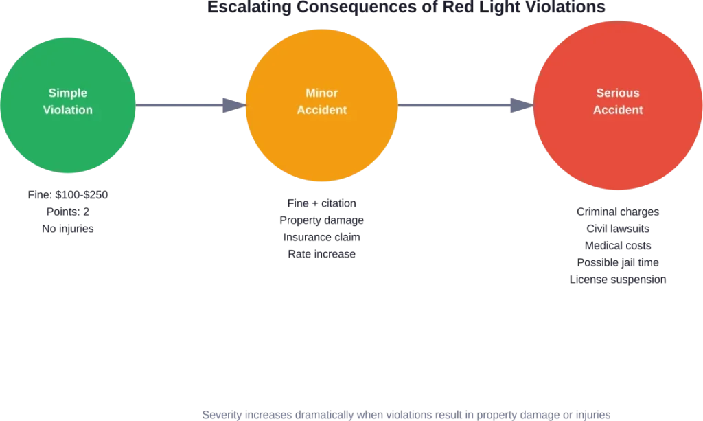 How consequences escalate from a simple red light violation to accidents with injuries