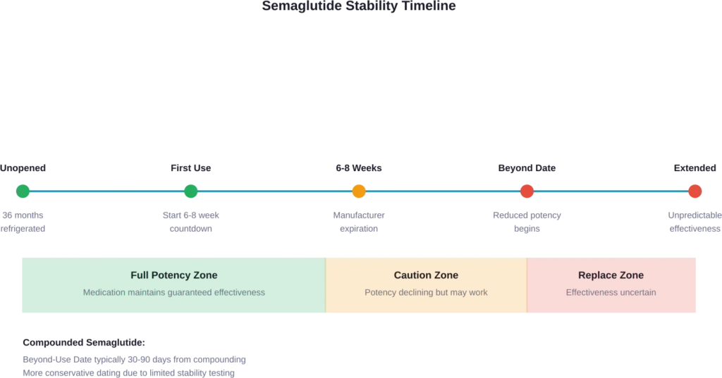 Timeline showing semaglutide stability from manufacturing through expiration, with distinct zones for different medication types