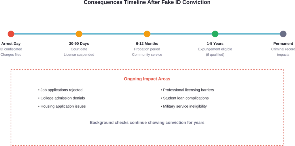 Timeline showing immediate and long-term consequences following a fake ID conviction