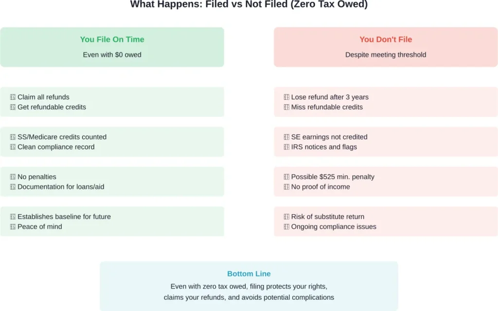 Comparison of outcomes when filing versus not filing taxes with zero tax liability