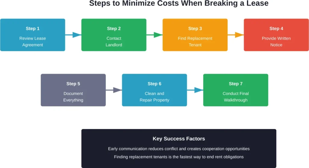 Seven-step process for minimizing financial penalties when breaking a lease, emphasizing communication and cooperation with landlords.