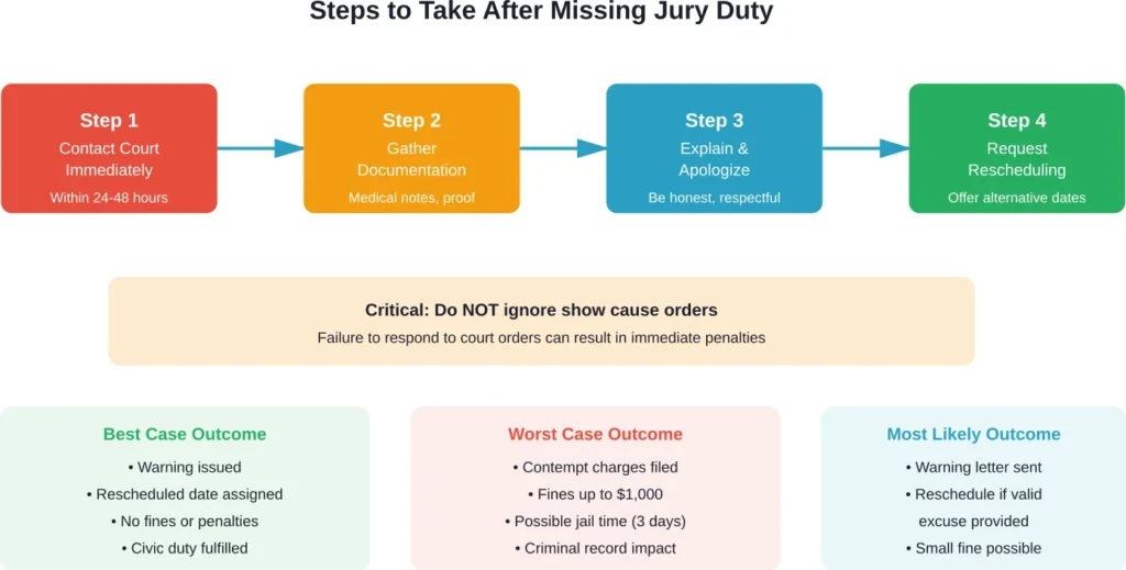 Action steps to take immediately after missing jury duty and potential outcomes based on response