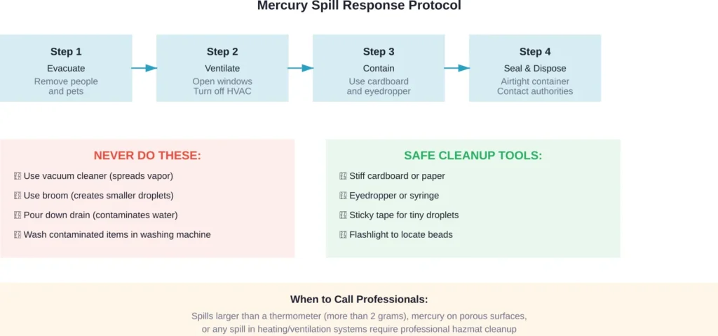 Step-by-step mercury spill response protocol with critical dos and don'ts for safe cleanup.