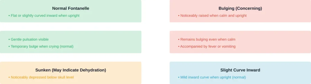 Visual guide comparing normal fontanelle appearance versus concerning changes requiring medical evaluation