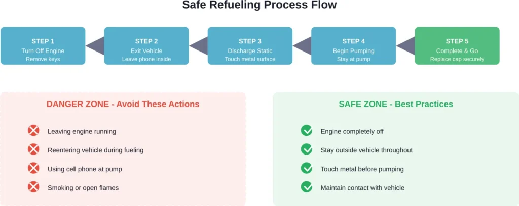 Step-by-step safe refueling process showing correct procedures and common hazards to avoid at the gas pump.