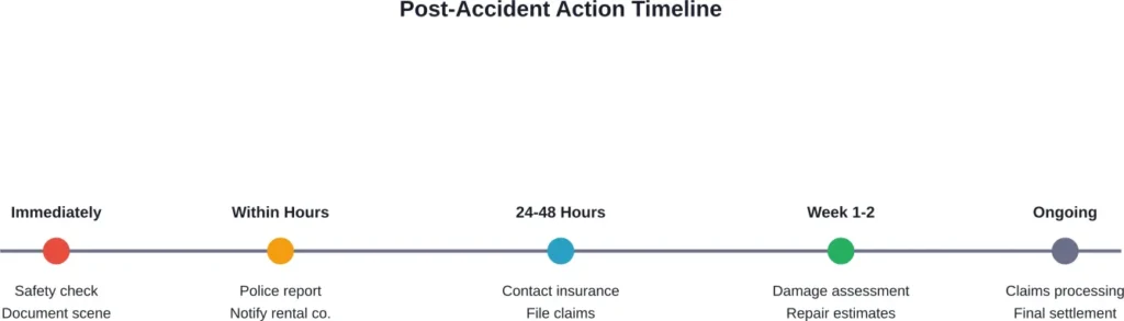 Critical action timeline showing when specific steps must be taken after a rental car accident to protect rights and ensure proper coverage.